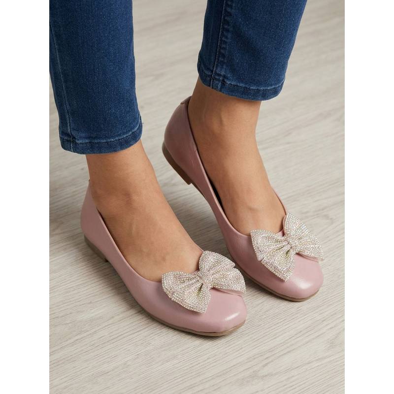 Iconics Women Square Toe Ballet Flats With Embellished Rhinestone Bow Accent - Pink (EURO 36)