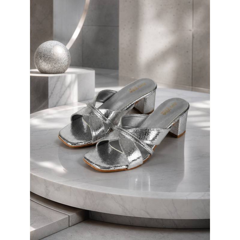 EZOK Women Block Heel Silver Sandal Heels (EURO 36)