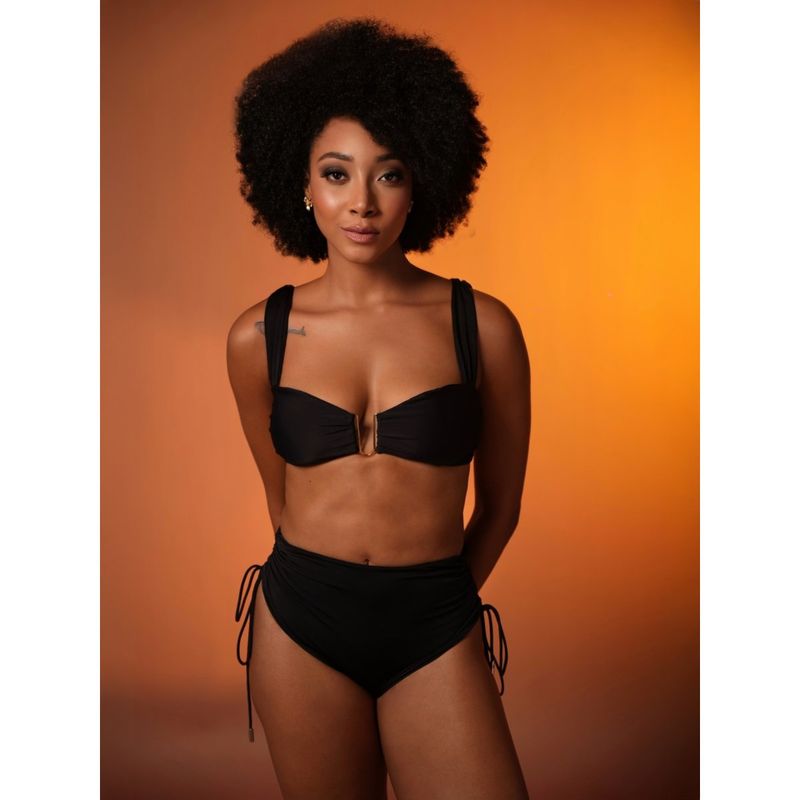 Mystelle Black Ruched Bikini Top with High-Waist Bottoms (Set of 2) (S)