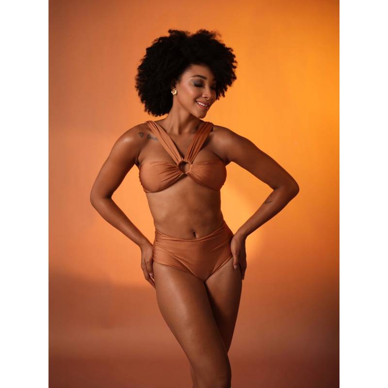 Mystelle Golden Hour Ruched Bikini Top with High-Waist Bottoms (Set of 2) (S)