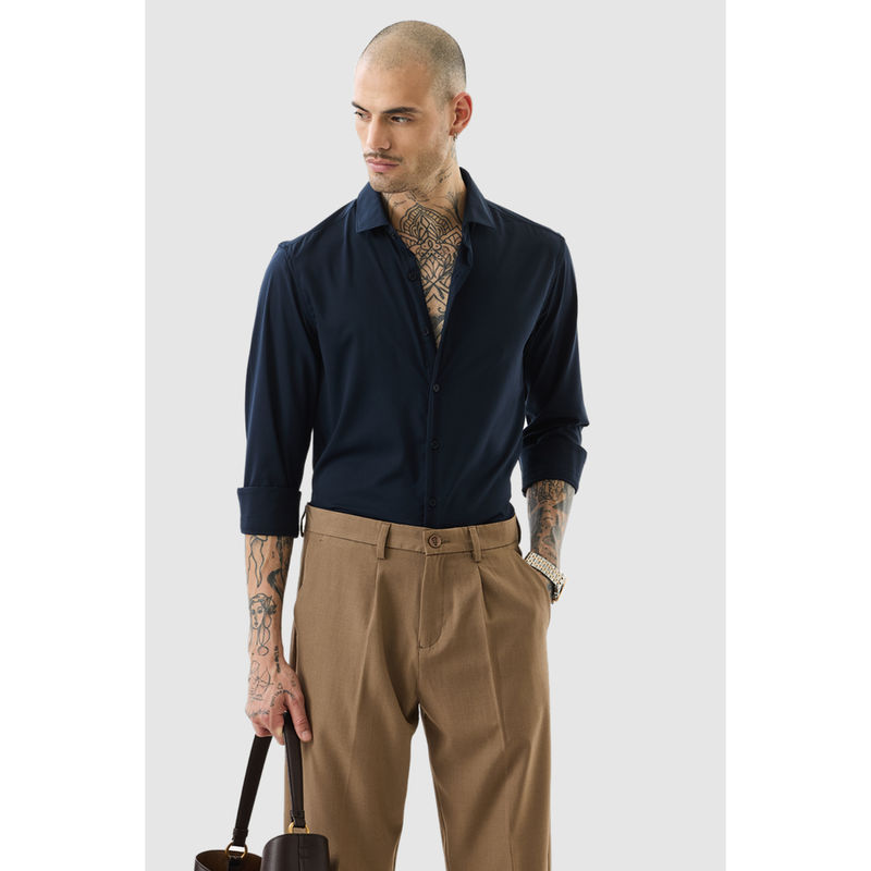 Snitch Navy Blue Solid Full Sleeves Slim Formal Shirt (M)