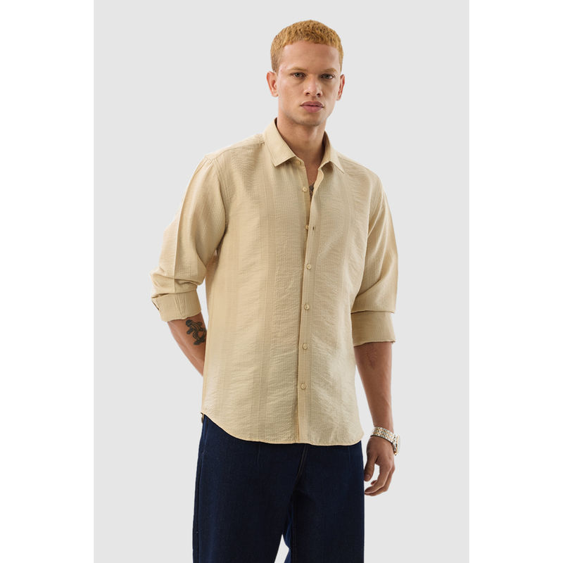 Snitch Beige Textured Full Sleeves Slim Casual Shirt (XS)