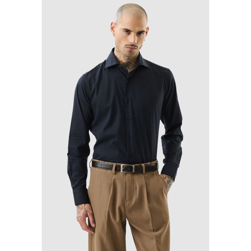 Snitch Navy Blue Solid Full Sleeves Slim Formal Shirt (XL)