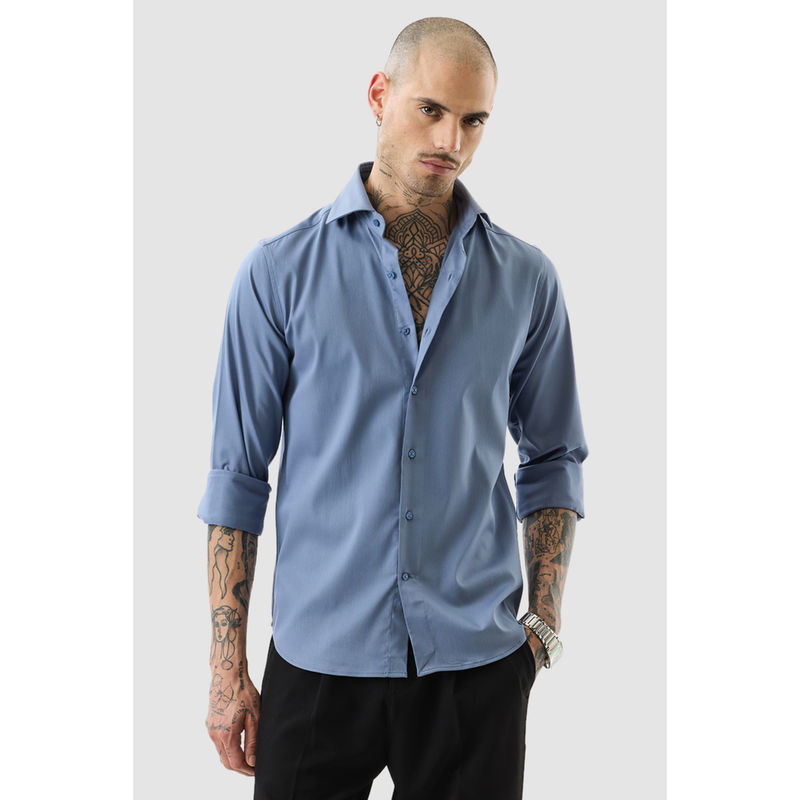 Snitch Blue Solid Full Sleeves Slim Formal Shirt (L)
