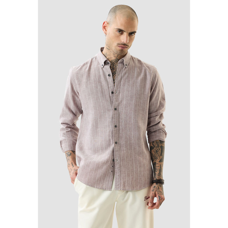 Snitch Light Brown Pinstripe Full Sleeves Slim Casual Shirt (S)