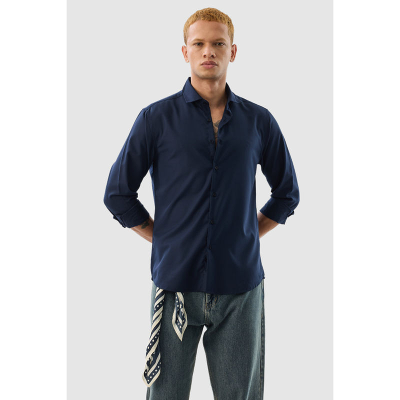 Snitch Navy Blue Solid Full Sleeves Slim Formal Shirt (2XL)