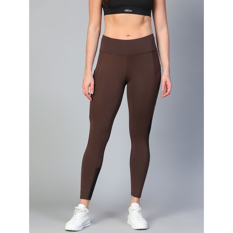 Athlisis Women Brown Ankle Fitted Gym Tights (M)