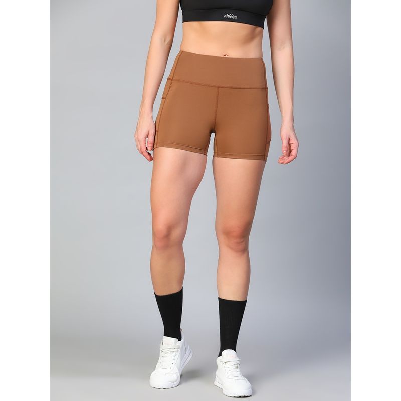 Athlisis Women Khaki Solid Skinny Fit Sports Shorts (28)