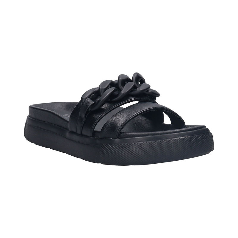Black leather online platform flip flops