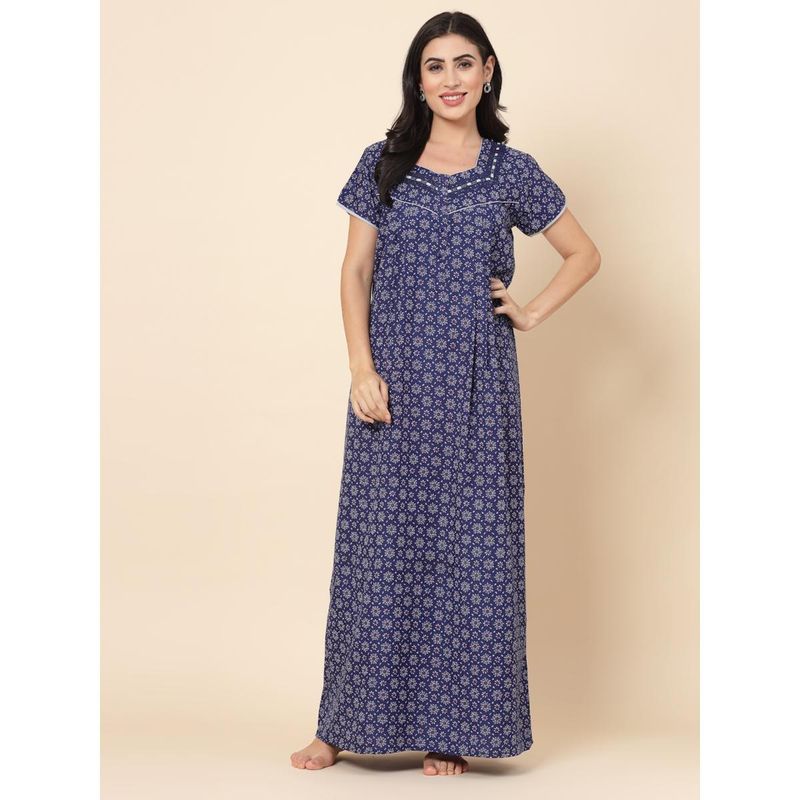 Women's Cotton Printed Knee Length Short Nighty with Pocket - Navy Leaf