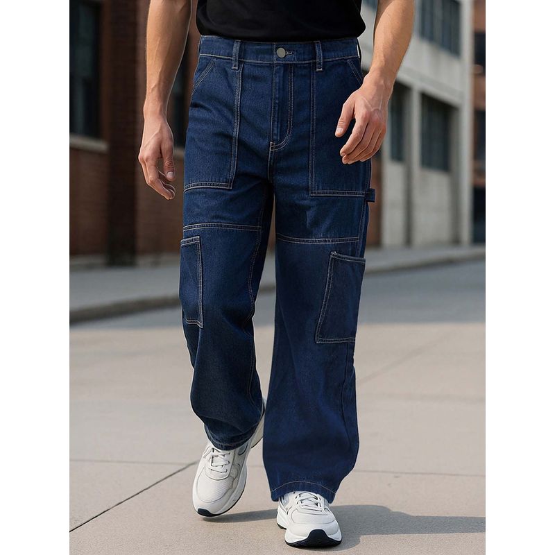 Bewakoof Men's Blue Washed Baggy Fit Carpenter Mid-Rise Jeans (30)