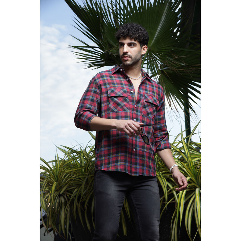 GRITSTONES Men Red Check Double Pocket Shirt (XL)
