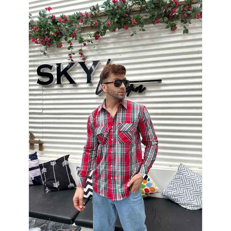 GRITSTONES Men Red Double Pocket Check Shirt (XL)