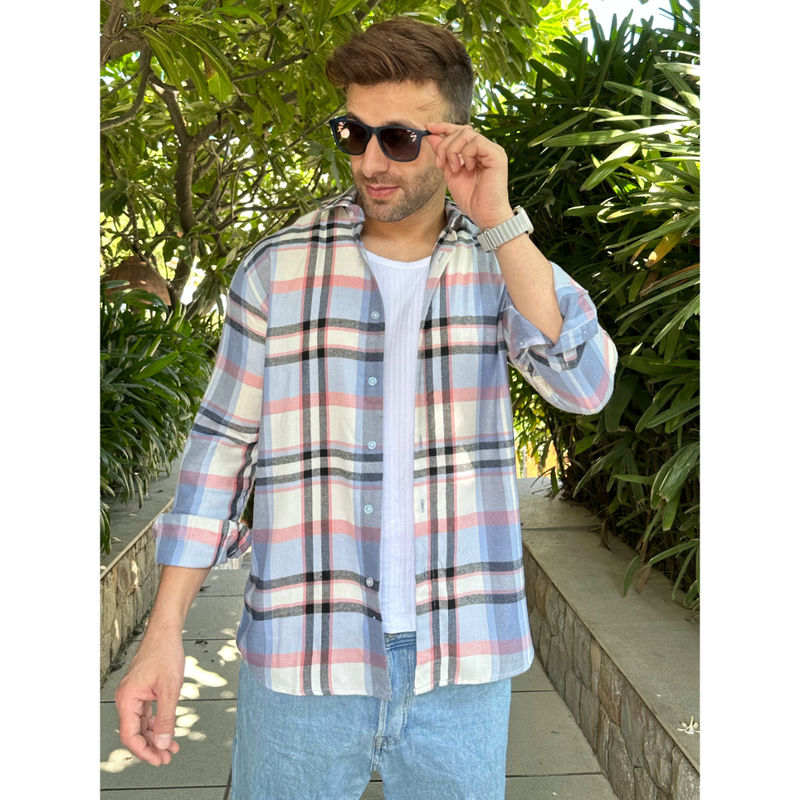 GRITSTONES Men Blue Double Cloth Check Cotton Shirt (XL)