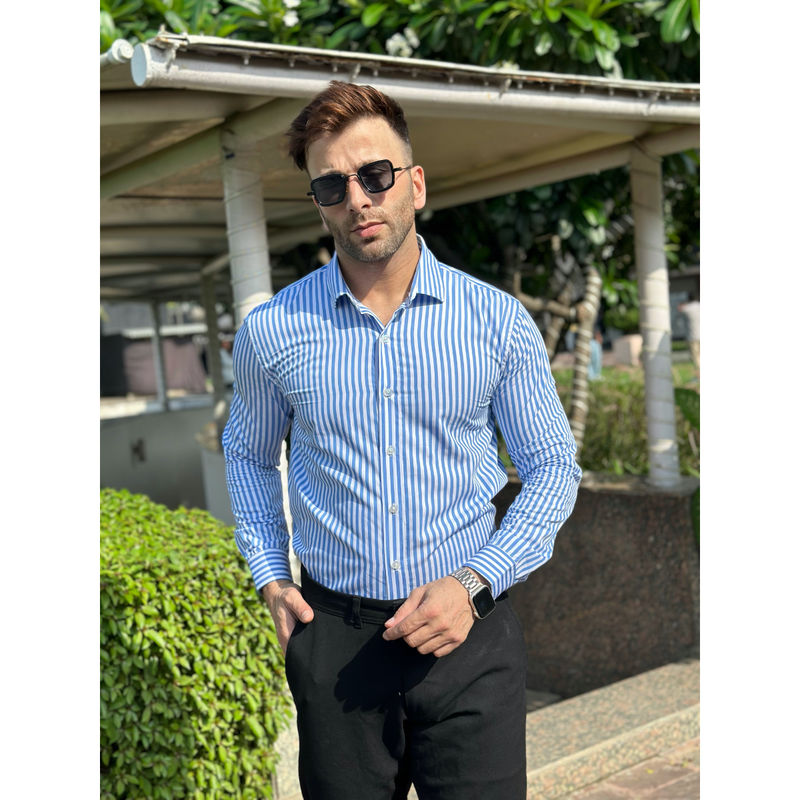 GRITSTONES Men Blue Stripe Cotton Formal Shirt (XL)