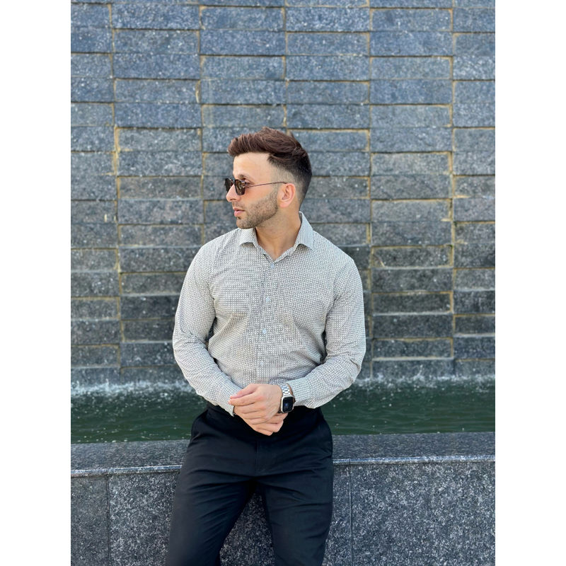 GRITSTONES Men White Black Printed Formal Cotton Shirt (XL)