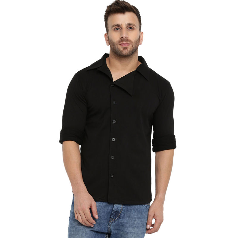 GRITSTONES Men Black Side Placket Full Sleeves Knitted Shirt (S)