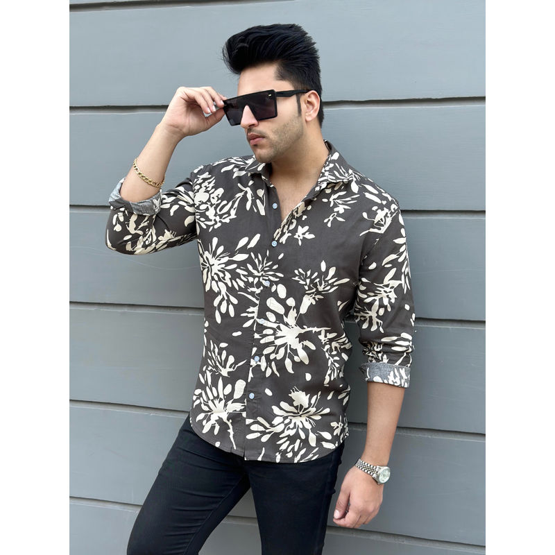 GRITSTONES Men Dark Grey Floral Rayon Shirt (XL)