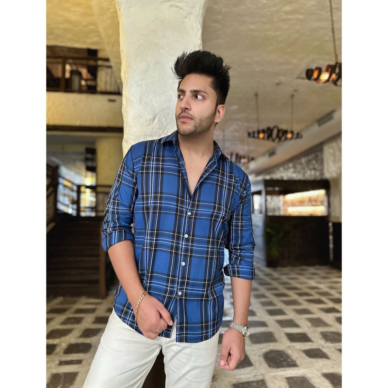 GRITSTONES Men Classic Blue Check Casual Shirt (M)