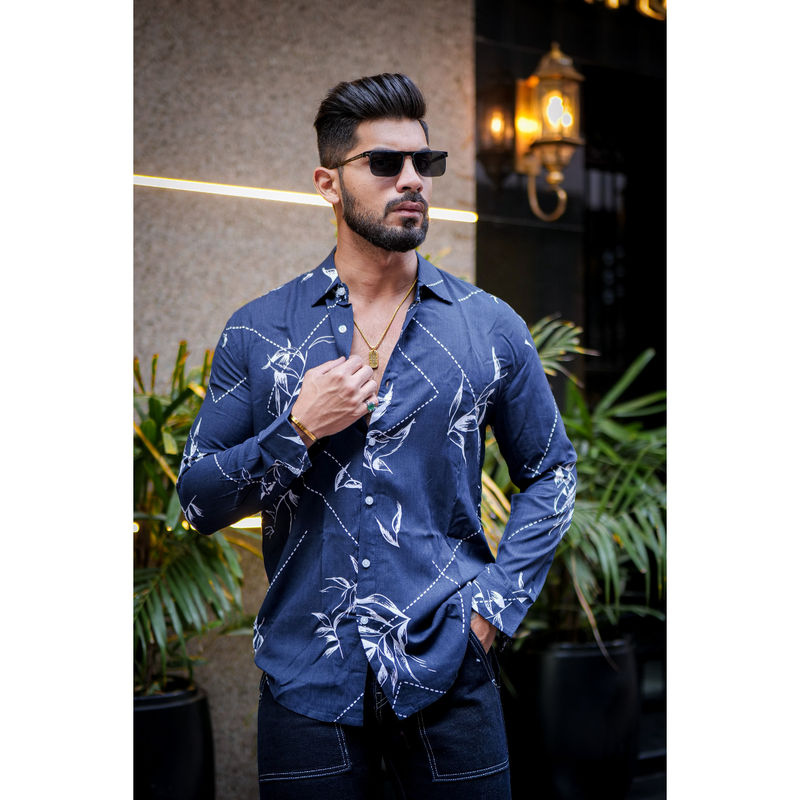 GRITSTONES Men Navy Blue White Floral Printed Shirt (XL)