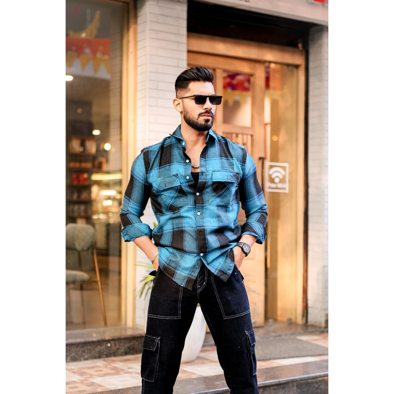 GRITSTONES Men Teal Blue Check Double Pocket Flannel Shirt (XL)