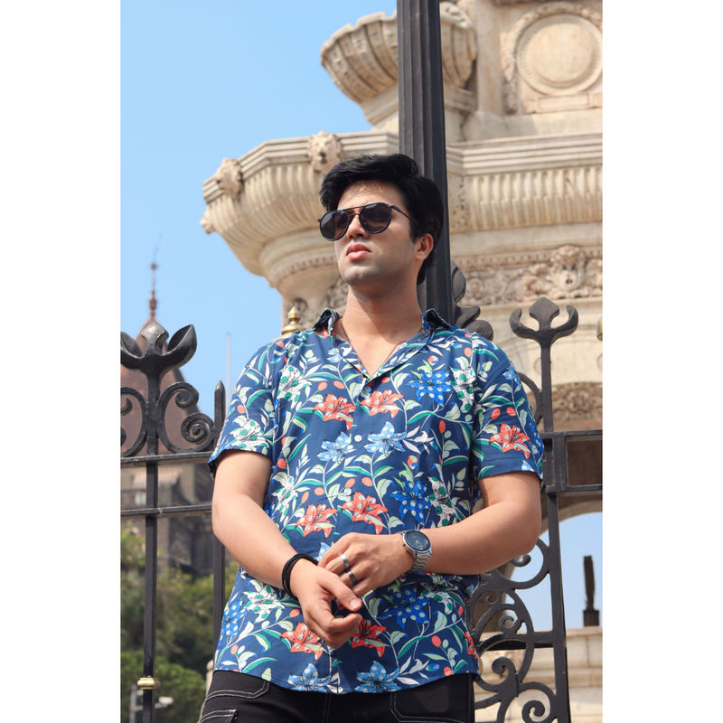 GRITSTONES Men Navy Floral Revere Rayon Shirt (L)