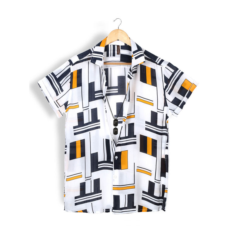 GRITSTONES Men White Street Print Half Sleeves Rayon Shirt (M)