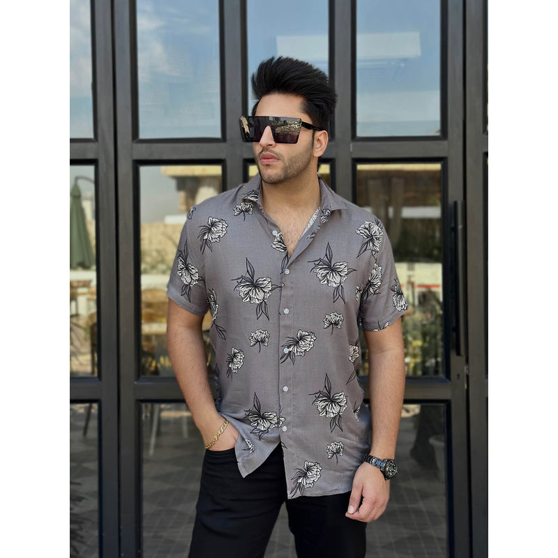 GRITSTONES Men Dark Grey Half Sleeve Floral Shirt (L)