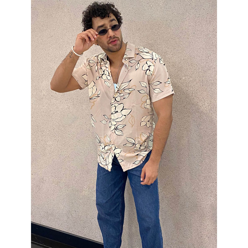 GRITSTONES Men Beige Floral Rayon Shirt (XL)