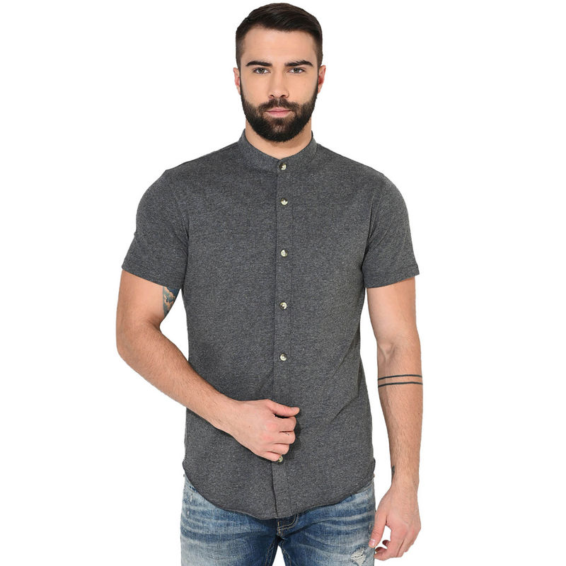 GRITSTONES Men Grey Half Sleeve Collar Knitted Shirt (M)
