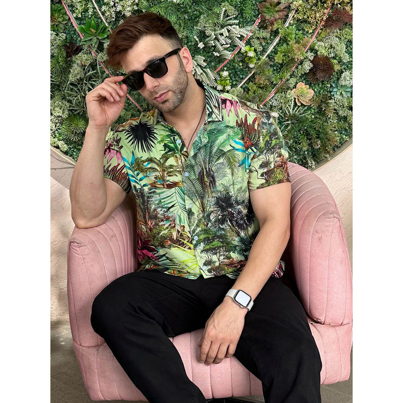 GRITSTONES Men Green Jungle Floral Rayon Shirt (XL)