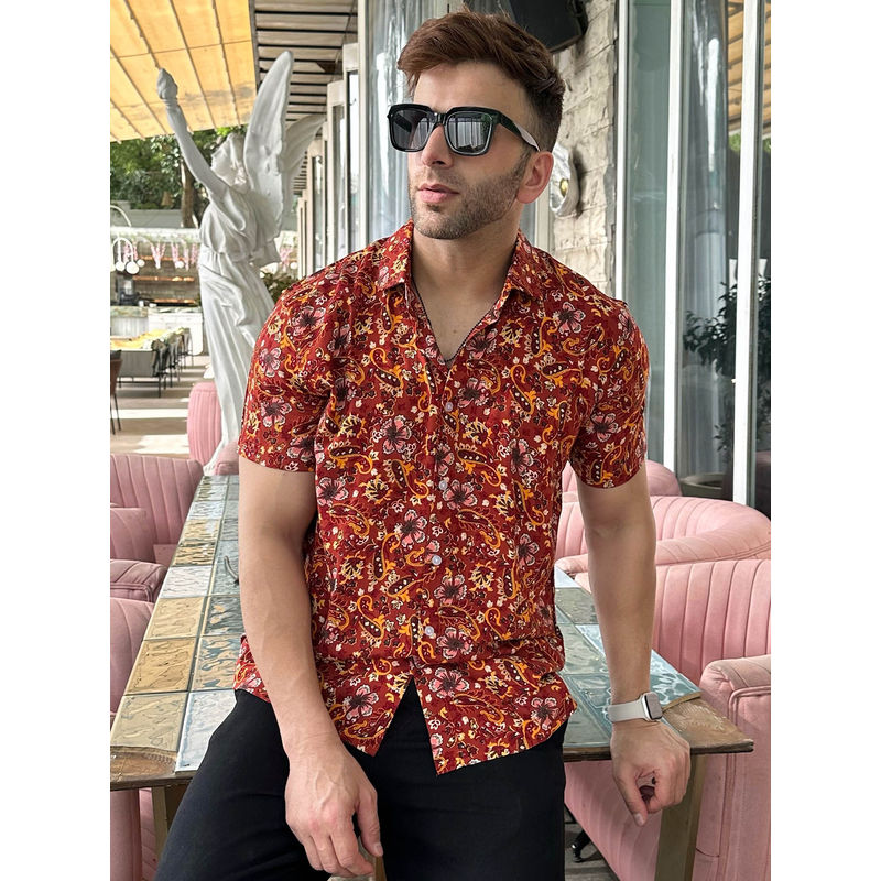 GRITSTONES Men Maroon Floral Rayon Shirt (L)
