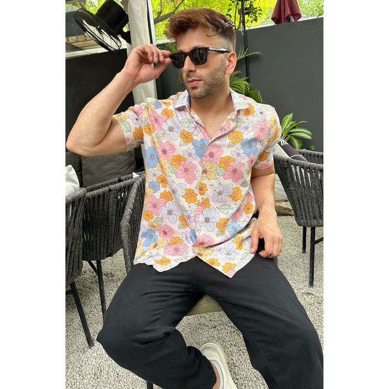 GRITSTONES Men White Floral Rayon Shirt (XL)