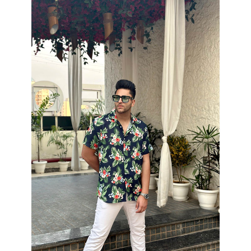 GRITSTONES Men Navy Blue & Green Floral Printed Shirt (XL)