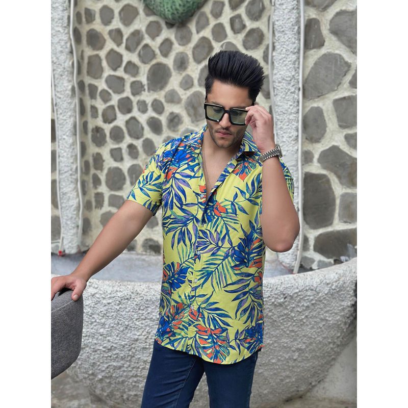 GRITSTONES Men Green Floral Half Sleeve Rayon Shirt (XL)