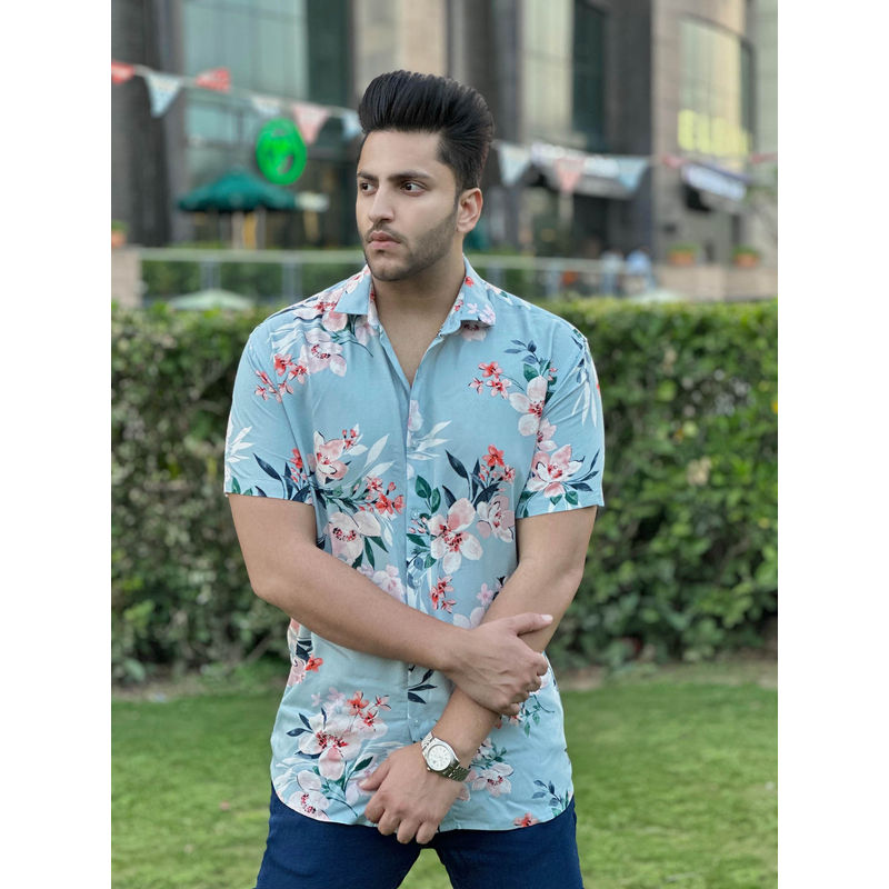 GRITSTONES Men Floral Sea Blue Rayon Shirt (S)