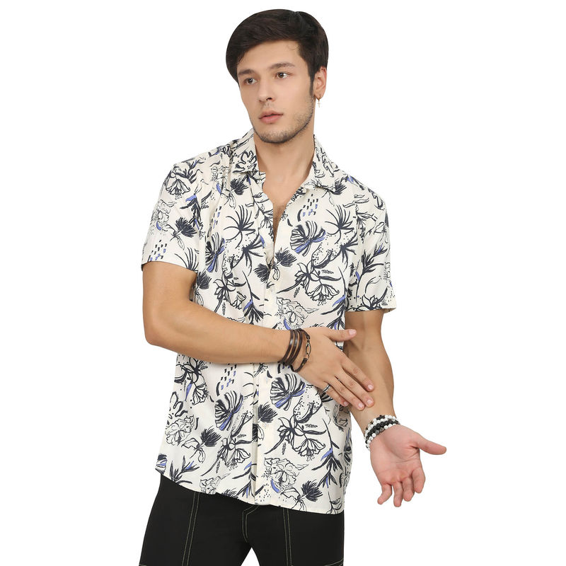 GRITSTONES Men White Floral Rayon Shirt (S)