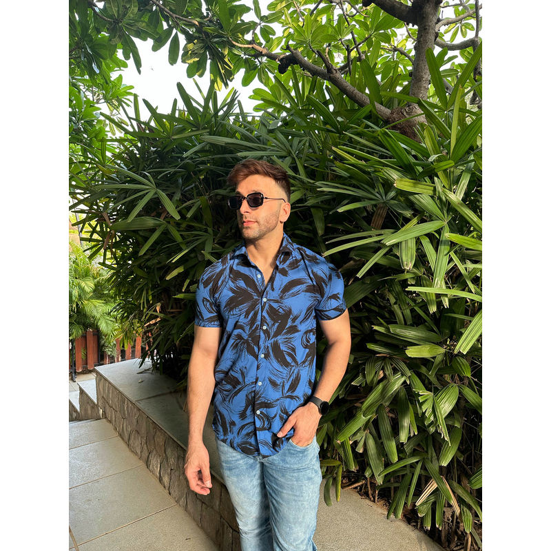 GRITSTONES Men Blue Jungle Rayon Shirt (L)