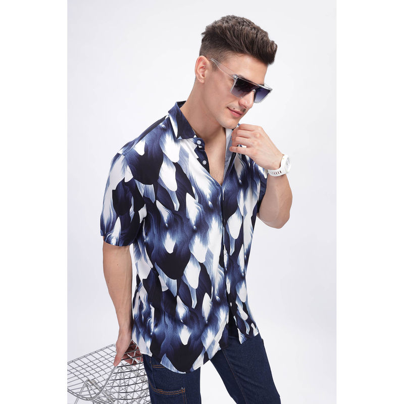 GRITSTONES Men Nocturne Blue & White Rayon Shirt (L)