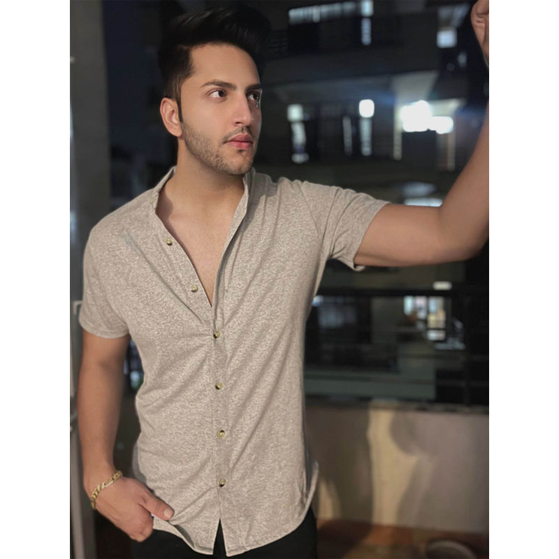 GRITSTONES Men Grey Melange Half Sleeve Knitted Shirt (S)