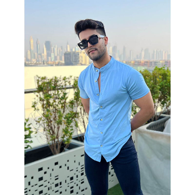 GRITSTONES Men Sky Blue Half Sleeve Solid Knitted Shirt (S)