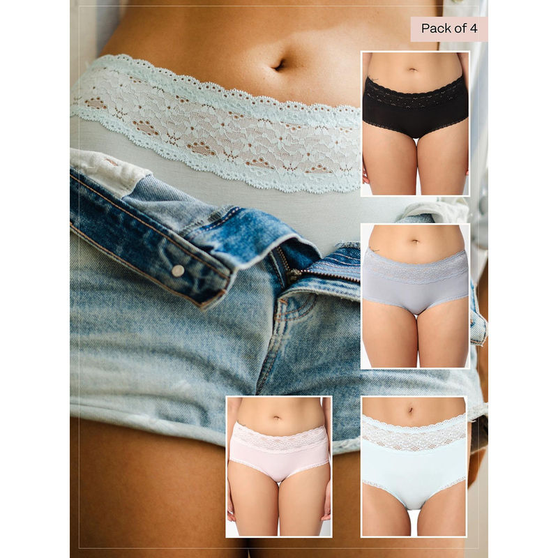 INTIMATE QUEEN Buttery Soft Set of Women's Modal Hipster Briefs - Antibacterial Skin-Safe Eco-Friendly(Black Pink Grey Blue) (Pack of 4) (XS)