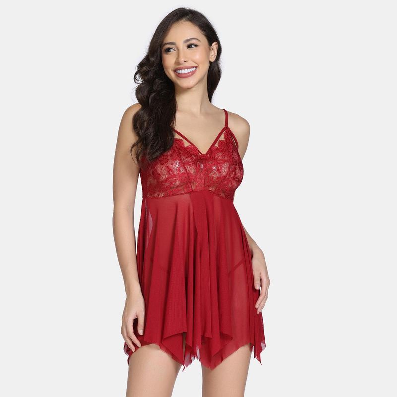 Zivame Lace And Mesh Babydoll With Thong - Maroon (M)