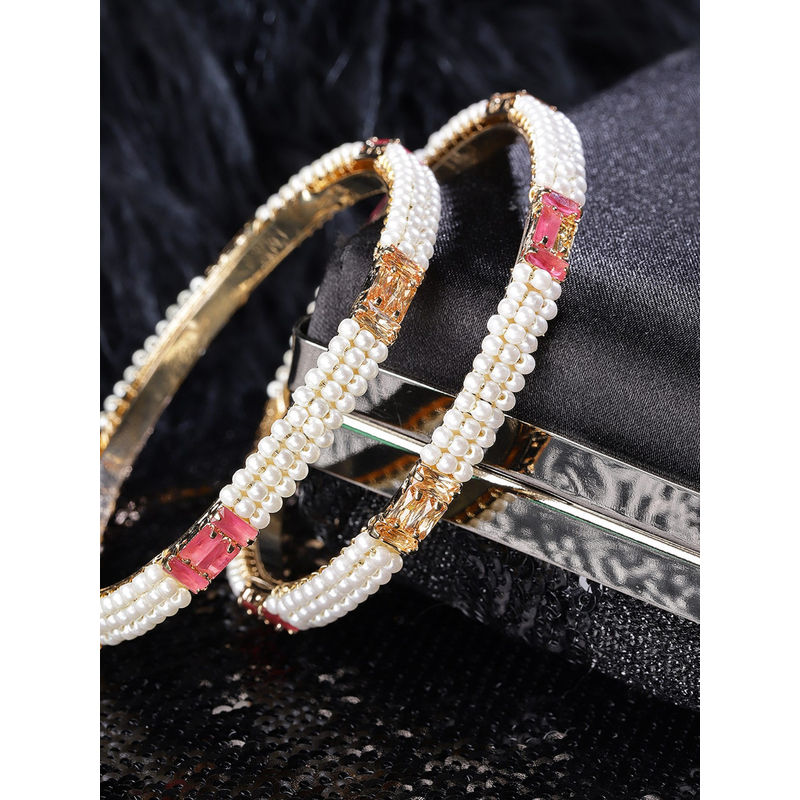 Priyaasi Set Of 2 Off-White & Pink Gold-Plated Beaded Handcrafted Bangles - 2.6