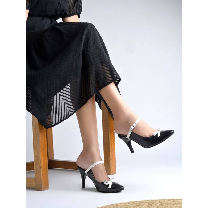 Shoetopia Women Black and White Slingback Bow Detail Kitten Heels (EURO 36)