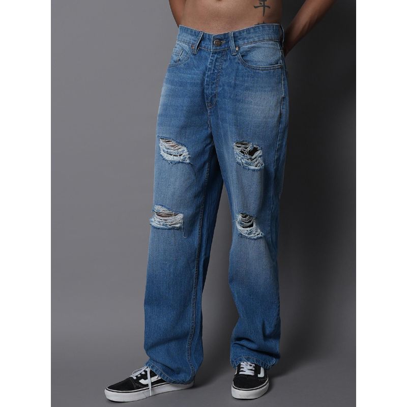 High Star Men Wide Leg Mid-Rise Mildly Distressed Light Fade Cotton Jeans (28)