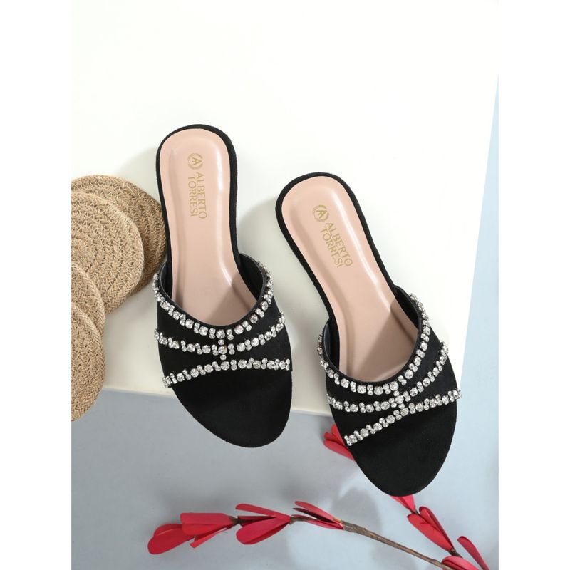 Alberto Torresi Embellished-Sequined Synthetic Black Flat Sandals for women (EURO 36)