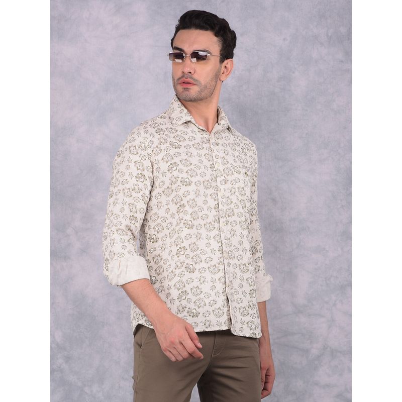 CRIMSOUNE CLUB Men Beige Floral Print Pure Cotton Shirt (S)