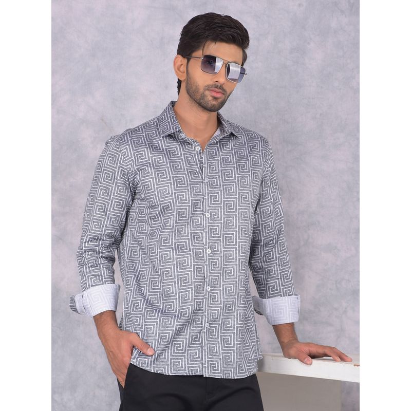 CRIMSOUNE CLUB Men Grey Printed Pure Cotton Shirt (S)