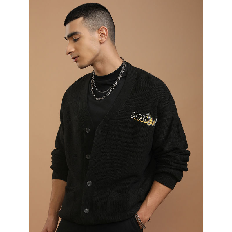 HIGHLANDER Men Black Pluto Textured Ribbed Cardigan Sweater (L)